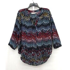 Versona Shirt Womens Size M Blue Red Roll Tab Sleeve Pullover Blouse Top